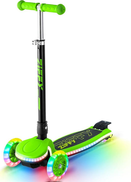 ZIFFY Kids Scooter for Boys & Girls LED Light-Up Wheels, 4 Adjustable Height Handlebars, and Lean-to-Steer Design with Anti-Slip Wide Deck for Stability - Up to 110LBS