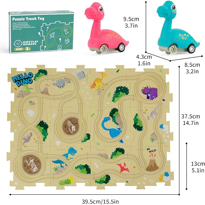 Puzzle Racer Kids Car Track Set with 2 Dino Cars, Kids Toys for 3-5 Year Old Boys, Montessori Toys for 3+ Year Old