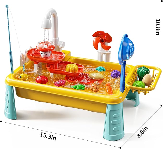 Water Table Toy for Kids 2 3 4 5 6 Years Old - Outdoor Kitchen Toys Set with Electrical Faucet, Toddler Fishing Games, Summer Beach Sensory Water Play Table, Gifts for Boy Girl 2+ 3-5(Yellow)