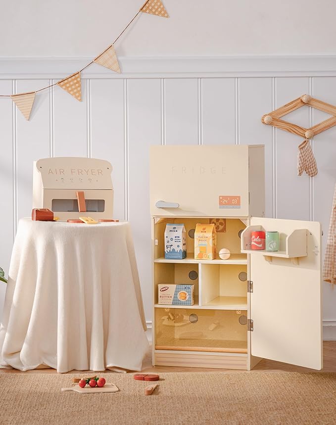 ROBOTIME Play Kitchen Toy Fridge - Wooden Toy Refrigerator with Accessories, Pretend Play Kitchen Set for Kids & Toddlers, Freezer with Play Food for Ages 3+ (Creamy Rustic Style)