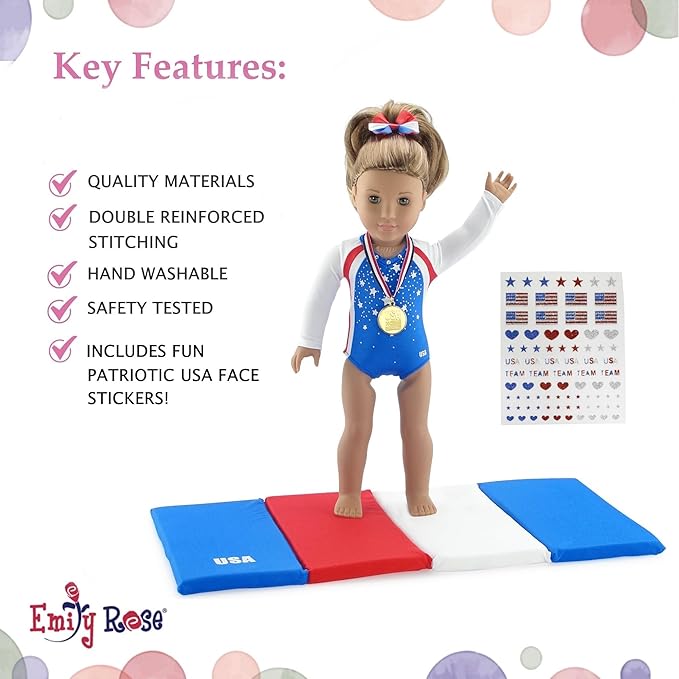 Emily Rose 18 Inch Doll Clothes Gymnastics Sports Outfit & Accessories with Medal and Face Stickers, Gymnast Toy | Doll NOT Included | USA Business | Compatible with 18" American Girl Dolls
