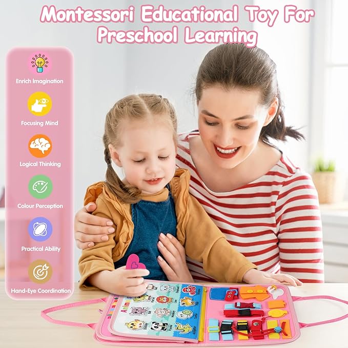 2 Year Old Girl Birthday Gift, Montessori Busy Board Book- Toddler Christmas Toys for 1 2 3 Year Old Girls Gift, Educational Sensory Learning Activity Toys for Road Airplane Travel