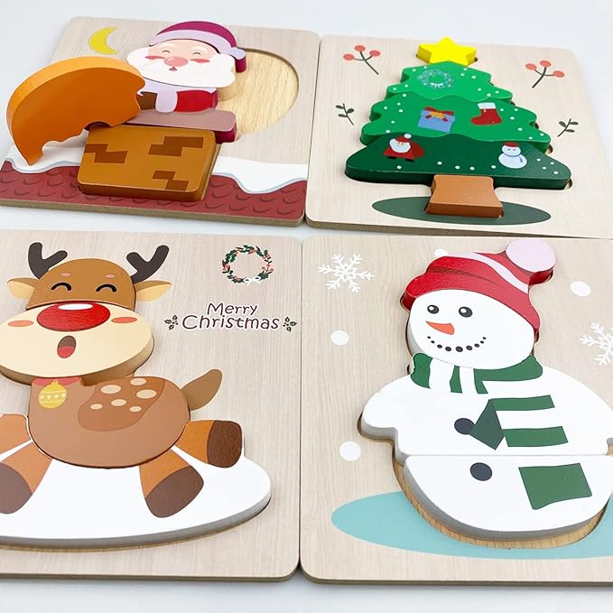 Anditoy 4 Pack Christmas Wooden Puzzles for Kids Toddlers Christmas Toys Christmas Stocking Stuffers Party Favors Gifts