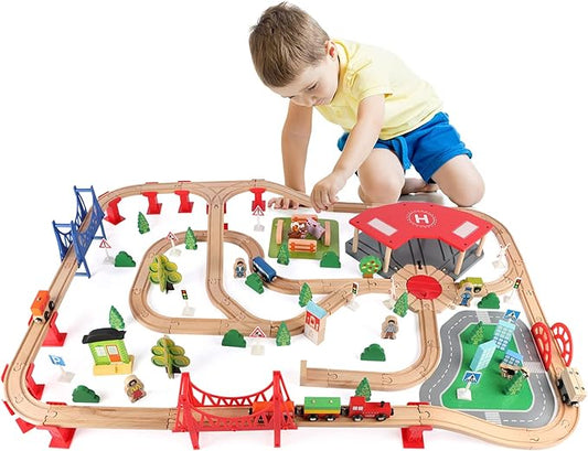 Qilay 140 Pcs Wooden Train Set, Delux Toddler Train Set Railway Kits for Kids, Premium Wood Friendly Building Construction City Train Tracks Toy for 3,4,5 Year Old Boys and Girls