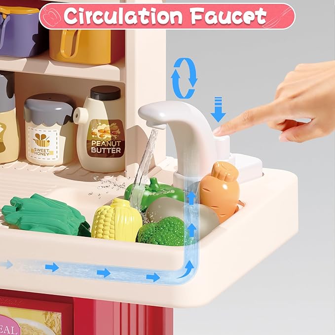 Kids Kitchen Playset Set, 63PCS Pretend Play Kitchen Toys for Toddlers, Cooking Stove with Steam Sound Light, Play Sink with Manual Faucet, Play Food Accessories Gift for Girls Boys, 33’’H