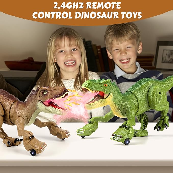 RC Tyrannosaurus Rex Dinosaur Toys for Kids 3-5, 5-7, 8-12, Remote Control T Rex Dino Robot Toy with Spray, Roar & Light, Birthday for 3 4 5 6 7 8 9 10 11 12 Year Old Boys (Brown)