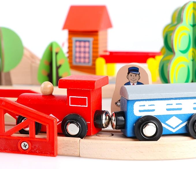 Qilay 69 PCS Wooden Train Set -Premium Wood Train Tracks & Trains Toys for Toddlers 3,4,5 Years Old, Expandable Train Toys Railway Kits for Girls Boys, Fit All Major Bands Train Tracks Set