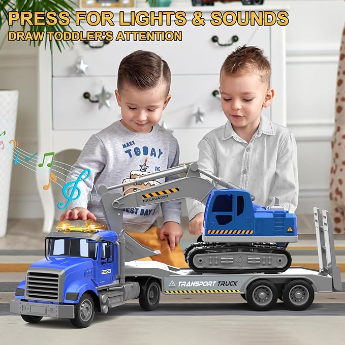 Transports Trucks Kids Toys, 22" Large Semi Truck Toy Carrier and Excavator Truck with Sound&Light,Friction Powered Cars Toys Birthday for Boys Girls 3 4 5 6 7 8