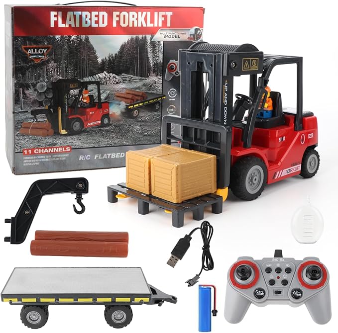 Remote Control Forklift Cranes 11 Channel 2 Mode RC Forklift Truck with Spray Sound and Lights Construction Toys 2.4Ghz 1:24 Scale Truck Toy for Toddler Kids for 3-7 Boys and Girls (Red)
