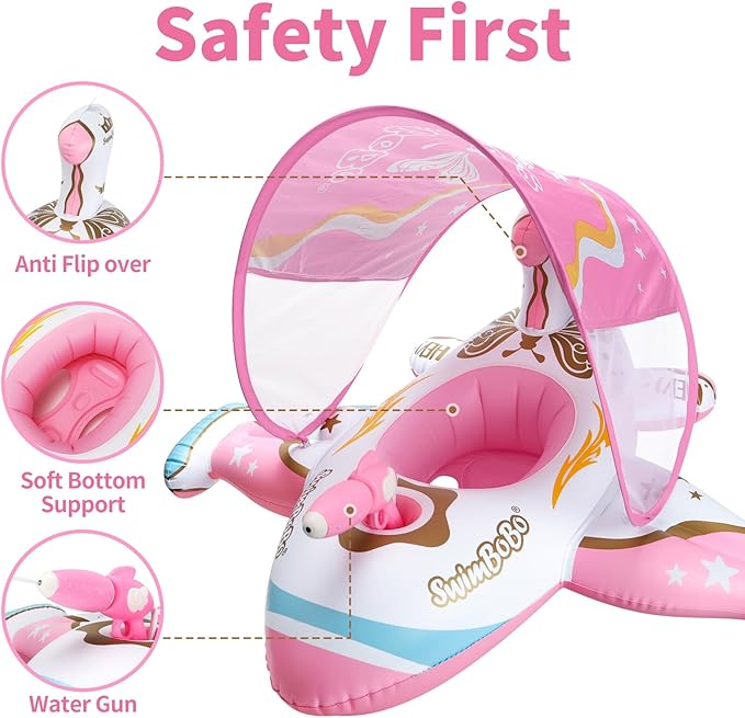 Swimbobo Toddler Pool Float Pink Inflatable Airplane Car Baby Swim Float with Water Gun and Safety Seat Pool Toys for Kids 3+ Years Old