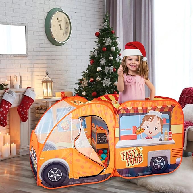 Kiddzery Food Truck Play Tent - 54 Pc. Food Set Pop Up Playhouse - Pretend Play Toys for Toddlers - Ball Pit Playset - Indoor & Outdoor Toy Tents for Kids - Trucks for Boys & Girls