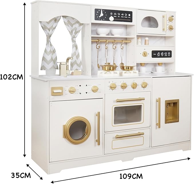Wooden Play Kitchen Set with Ice Maker, Water Dispenser, Coffee Maker,Big Toddler Toy Kitchens Playset with Washing Machine,Sink with Running Water, Stove with Light&Sound,Gift for 3+boy Girl (White)