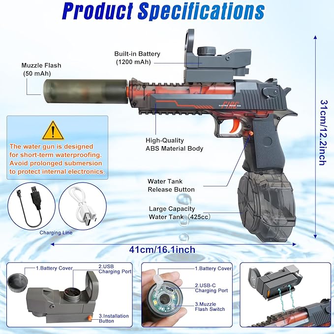 Super Electric Water Gun for Adults Kids with Muzzle Flash & Recoil Effect, Powerful 425CC High Capacity Automatic Squirt Guns Up to 32 FT Range for Swimming Pool Party Beach Outdoor Activity