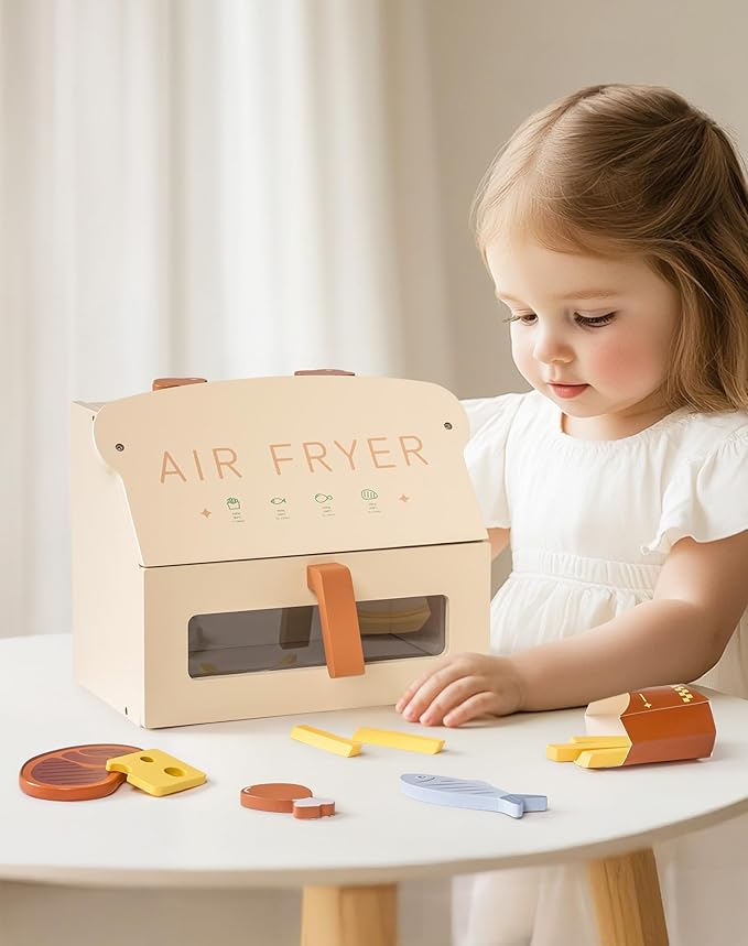 ROBOTIME Wooden Toy Air Fryer for Kids, Play Kitchen Accessories, Wooden Kitchen Play Food Set, Pretend Cooking Toys for Toddlers Kitchen Set, Role Play Gift for Boys & Girls