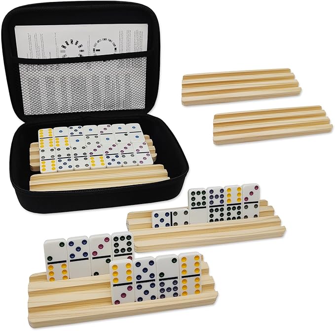 Double 9 Dominoes Set with 6 Wooden Trays/Racks, Double Nine Dominos Travel Set with 6 Domino Tiles Holders, 55 Tiles Dominoes Game Set with Portable Case for Families