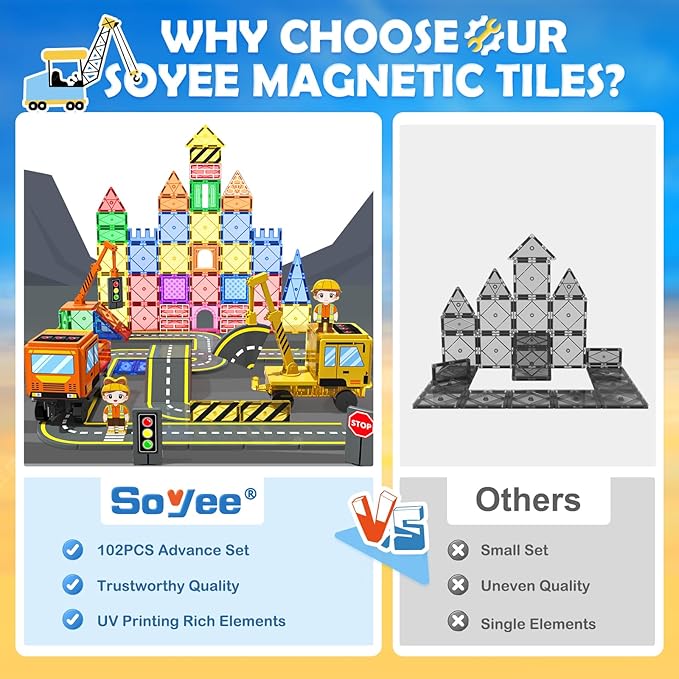 102 PCS Magnetic Tiles with 2 Cars & 2 Cranes Magnet Construction Building Kids Toys for Creative Play and STEM Learning Boys Toys & Gifts for 3-12