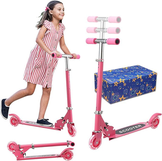 Scooters for Kids 3-5, Kick Scooter Foldable, 2 Wheel Scooter with Fun Light Up Wheels, 24-28 Adjustable Handlebar, Heavy Duty Steel Frame, Outdoor Smooth Riding, Max 90 lb, Girl Birthday Gift