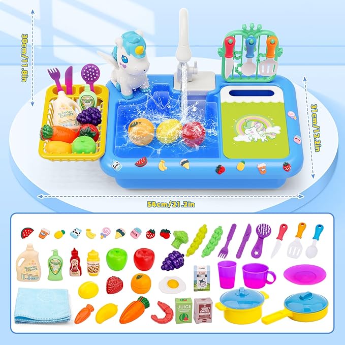 deAO Play Sink with Running Water,Color Changing Children Electric Dishwasher Upgraded Real Faucet and Play Dishes,Pretend Role Play Toys for Kids