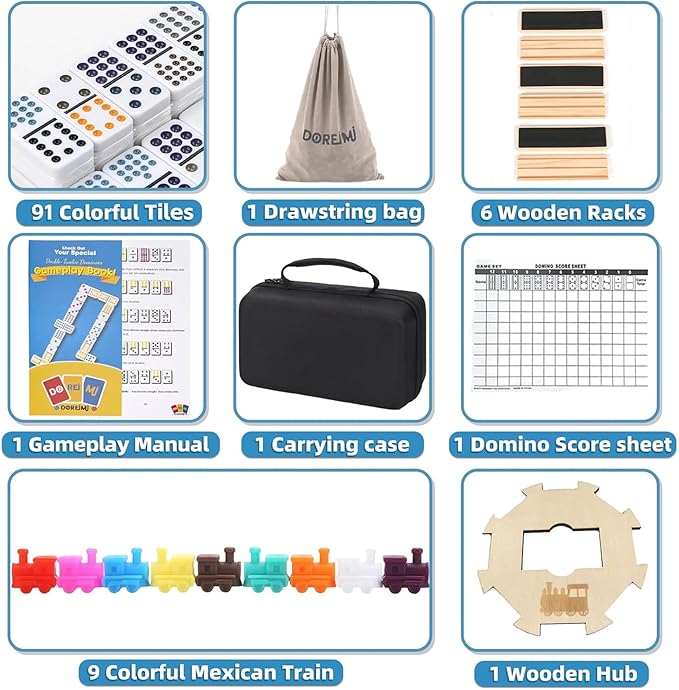 Mexican Train Dominoes Set with 6 Wooden Racks, Double 12 Colored Dot Dominoes with Update Hub, Travel Train Game with 91 Tiles and Portable Carry Case, Family Board Team Games