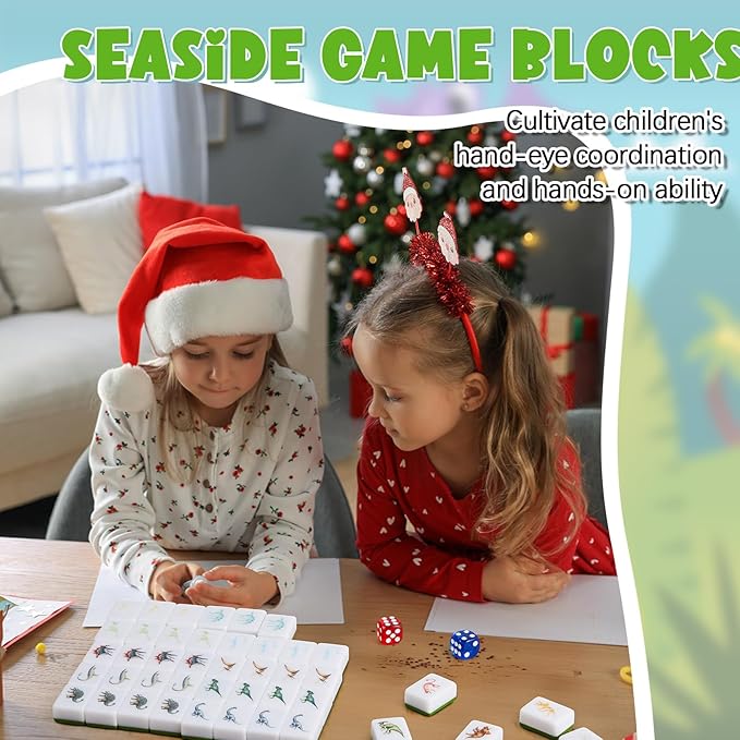 65 Tiles 30 mm Dinosaur Mahjong Game Blocks Set Push Tiles Blocks with Dinosaur Skeleton Pattern and Bag No DIY Required for Family Game Gift