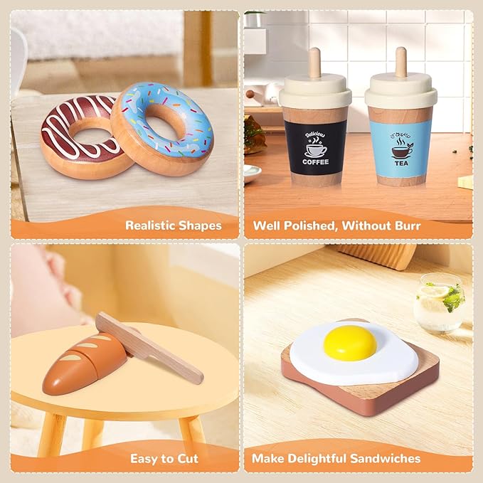 Wooden Bakery Playset Food Toys, Kids Pretend Play Food Baking Set Kitchen Accessories with Storage Bag, Pretend Play Bread Cutting Food for Boys Girls 3+