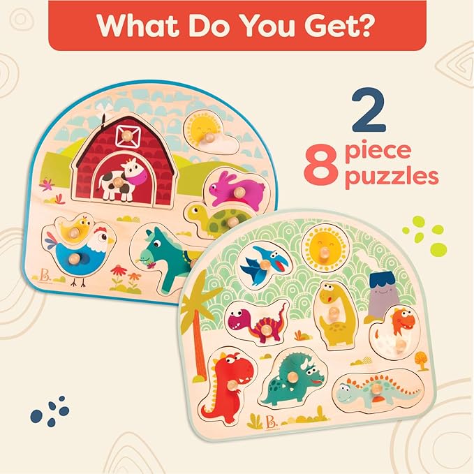 B. toys- Peg Puzzle 2-Pack - Dinos & Farm Animals- Wooden Peg Puzzles- 8 Pieces Each – Classic Toys for Toddlers, Kids – 18 Months +