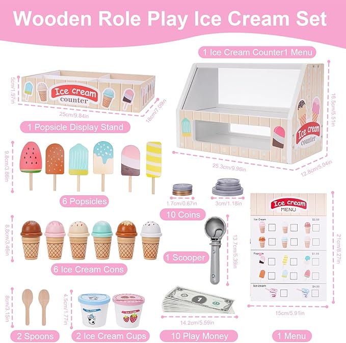 Wooden Ice Cream Toys for Kids Toddler,Ice Cream Counter Shop Pretend Play Toy Food Kitchen Accessories,Play Food Scoop and Serve, Play Kitchen Sets for Kids,Christmas Birthday Gift for Girls Boys