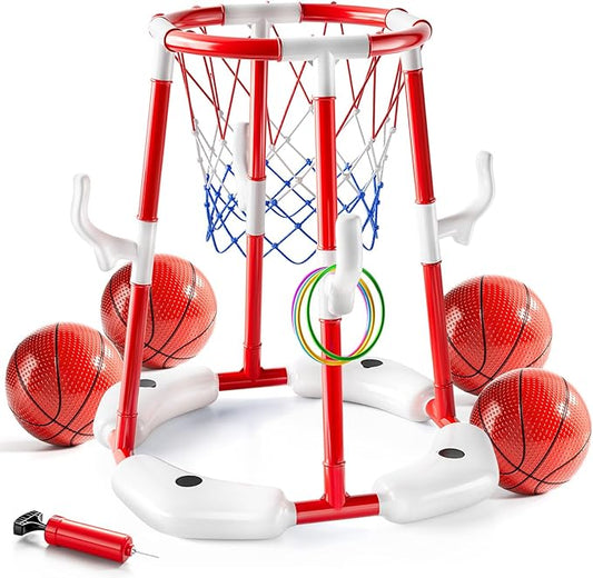 Pool Basketball Hoop Toys,2-in-1 Floating Basketball Pool Games with 4 Balls/12 Rings/Pump,Swimmming Pool Games for Kids Ages 4-8 8-12 Adult, Outdoor Water Play Toys for Summer Family Party(Red)