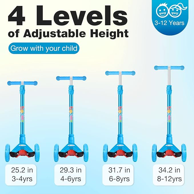 BELEEV A2 Scooters for Kids 3 Wheel Kick Scooter for Toddlers Girls Boys, 4 Adjustable Height, Lean to Steer, Light up Wheels, Extra-Wide Board, Easy to Assemble for Children Gift Sport Toys Ages 3-12