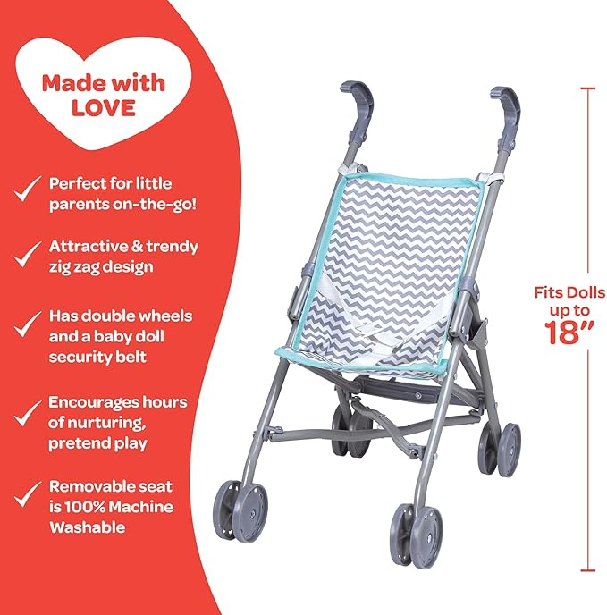 Adora Realistic and Creative Zig Zag Baby Doll Stroller with Fun Design, Adjustable Sun Cover; Doll Accessory Storage and Removable Stroller Seat That fits Dolls up to 18-inches - Small