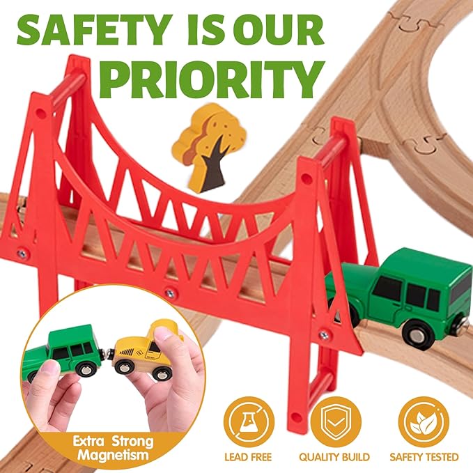 Wooden Train Set for Kids Ages 4-8, Wood Train Track with Magnetic Toy Train Accessories for Toddlers 3-5 Year Old Boy & Girl, Railway Set Road Sign Fit Major Brand Christmas Toy (40 Pieces)