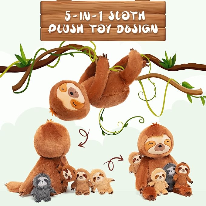 OUOZZZ Sloth Stuffed Animal with Babies Inside - 19" Plush Toy with 4 Baby Sloths - Gift Present Toys for Girls, Boys, Kids, Toddler