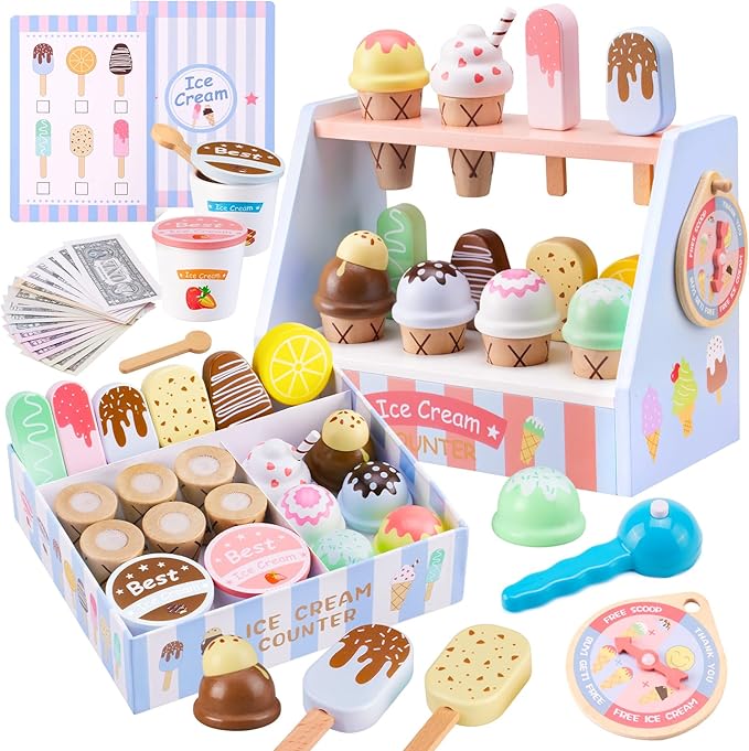 Ehome Wooden Ice Cream Toys Set Pretend Play Food Store for Kids Serve Ice Cream Counter Shop Kitchen Playset with Lucky Wheel, Scoop, Menu, Fake Money for Boys and Girls Ages 3 4 5 6