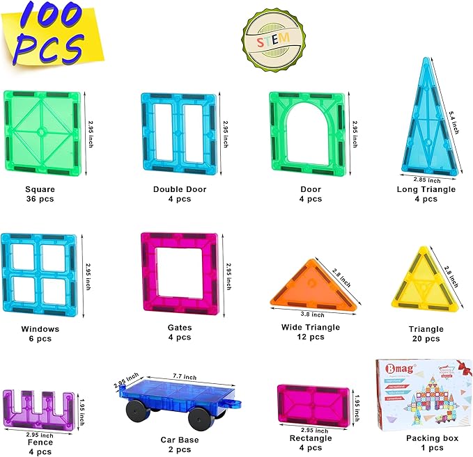 Bmag 100PCS Magnet Building Blocks with 2 Carsfor Kids, Magnetic Tiles Stacking Building Set for Boys Girls, STEM Preschool Educational Learning Construction Toy