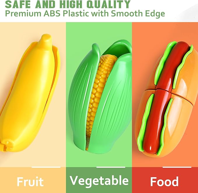 100 Pcs Play Food Set for Kids Kitchen, Pretend Food Toy for Toddlers Age 1-3, Plastic Cutting Fake Food/ Fruit/ Vegetable Accessories with 2 Baskets, Birthday Gifts for 2 3 4 5 Years Old Boys Girls