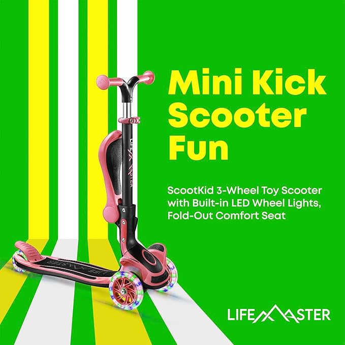 Kids Scooter – Foldable Seat – LED Wheel Lights Illuminate When Rolling – Children and Toddler 3 Wheel Kick Scooter – Adjustable Handlebar – Indoor and Outdoor- by Lifemaster