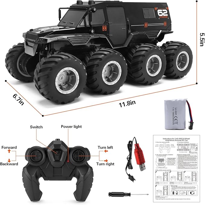 Amphibious RC Trucks,8WD Offroad Waterproof,1: 12 Large Remote Control Monster Truck for Boys Girls,50Mins Playing Time Battery, Birthday Toy for Kids Age 7 8 9 10 11 12