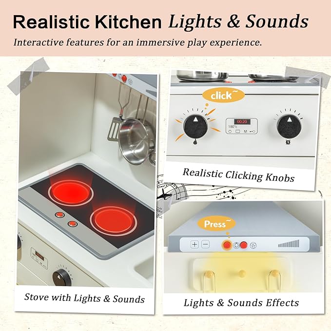 Deli Kids Kitchen Playset, Realistic Wooden Kitchen Playset for Toddlers & Kids with Lights, Sounds & Storage, Ideal Gift for Boys & Girls
