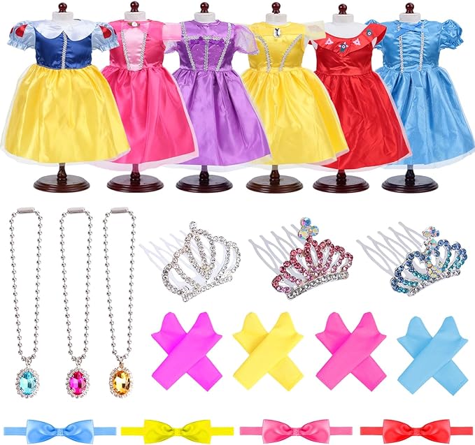 18-Inch Doll Clothes and Accessories – 6-Pack Princess Dress Set for 18” Dolls, Includes Crowns, Necklaces, Gloves & Headbands, Fits American 18 Inch Girl Dolls