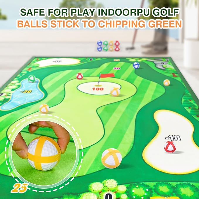 Double-Sided Chipping Golf Game Mat and Darts Mat with Clubs, Thickened and Durable, Indoor and Outdoor Sticky Golf Game Equipment for Adults and Family Kids