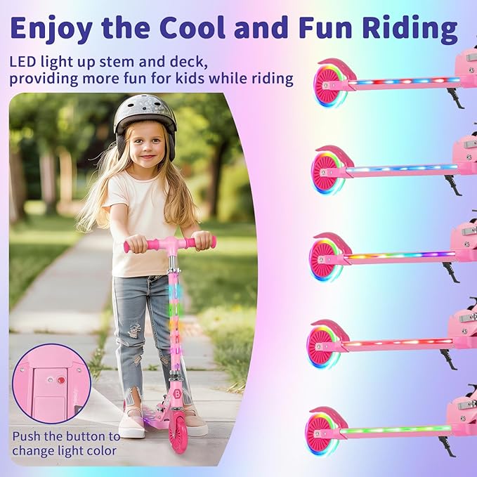 BELEEV V3 Scooter for Kids with Light-Up Wheels & Stem & Deck, 2 Wheel Folding Scooter for Girls Boys, 4 Adjustable Height, Lightweight Kick Scooter with Handy Kickstand for Children Ages 3-12