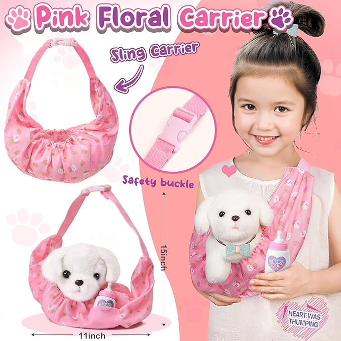 Golray Toy Dog for Kids Girls, Stuffed Dog with Heart Beat & Skeleton Transform, Sling Carrier & Toddler Girl Toy Kid Plush Puppy Pet Care Pretend Play Set, Birthday Gift for Girl 3 4 5 6 7 Years Old
