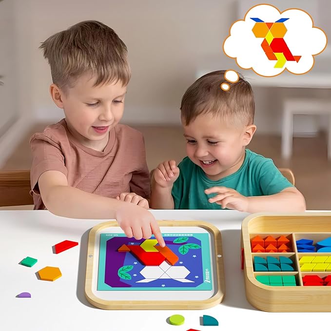Wooden Magnetic Pattern Blocks Set with Cards, 288 PCS Montessori Tangram Puzzle Learning Toys for Toddlers 3-5, Educational STEM Gift for Kids Boys Girls 3 4 5 6
