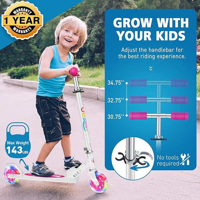 BELEEV V1 Scooters for Kids, 2 Wheel Folding Kick Scooter for Girls Boys, 3 Adjustable Height, Light Up Wheels, Lightweight Scooter with Sturdy Frame, Kickstand for Children 3 to 12 Years Old