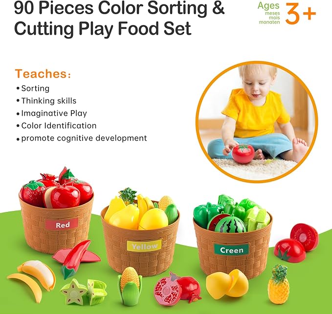 90Pcs Kitchen Playset Accessories, Pretend Cooking with Pots, Pans, Cookware, Food, Fruit, Veges, Color Sorting Baskets, Prop Money, Learning Gift for Girls Boys Toddlers (Pink)