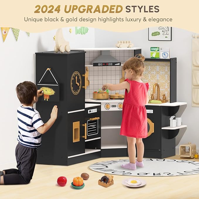 BIERUM Coner Wooden Play Kitchen with Real Lights & Sounds, Trendy Home Style Kitchen Playset, Toy Kitchen with 28 Pcs Toy Food & Cookware Accessories, Gift for Boys & Girls Ages 3+