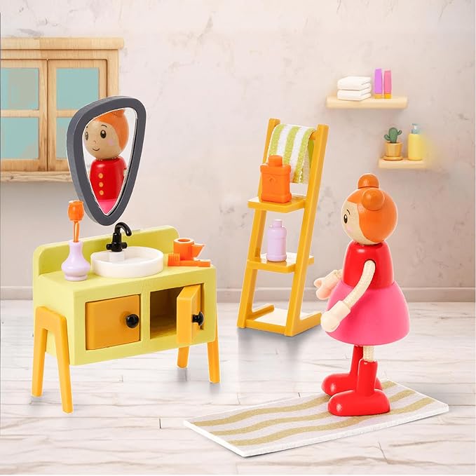 Giant bean 37pcs Green Wooden Plastic Dollhouse Furniture Kitchen and Bathroom Set, Modern Wood Dollhouse Accessories Pretend Play Furniture Toys for Boys Girls Toddlers & Kids 3+