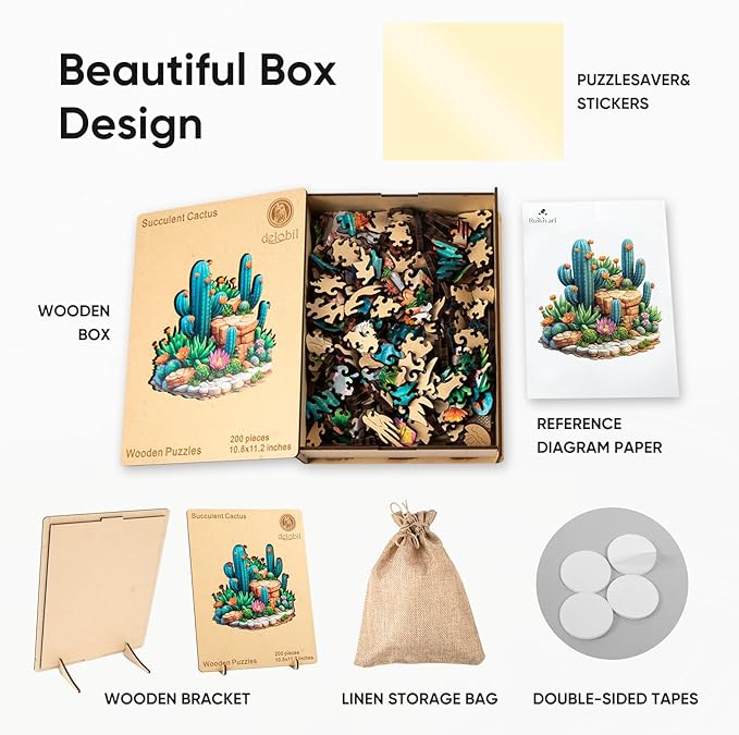 Succulent Cactus Wooden Puzzles for Adults, 500 Pieces Jigsaw Puzzles, Unique Shaped Medium Size Liberty Wood Puzzle Gift for Adults and Kids, Family Game 16.7'' x 16.2''