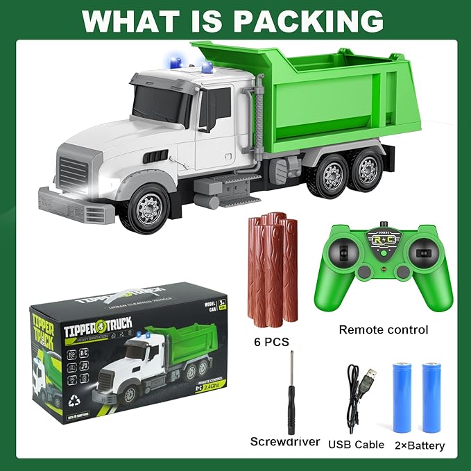Remote Control Construction Dump Truck Toy RC Vehicle,6 Channel Truck Toys w/ 6 pcs Wood,2 Rechargeable Batteries,1/24 Scale Dump Truck,B'day Gifts Ideas Boys Age 3-8 Year Old,Green Dump Truck