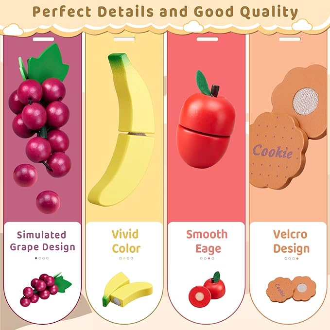 Wooden Play Food Sets for Kids Kitchen Accessories, Pretend Toy Food Velcro Fruit and Veggies Cutting Food Toy Set, Play Food Montessori Toys for 3 4 5 6 7 8 Boys and Girls Gift